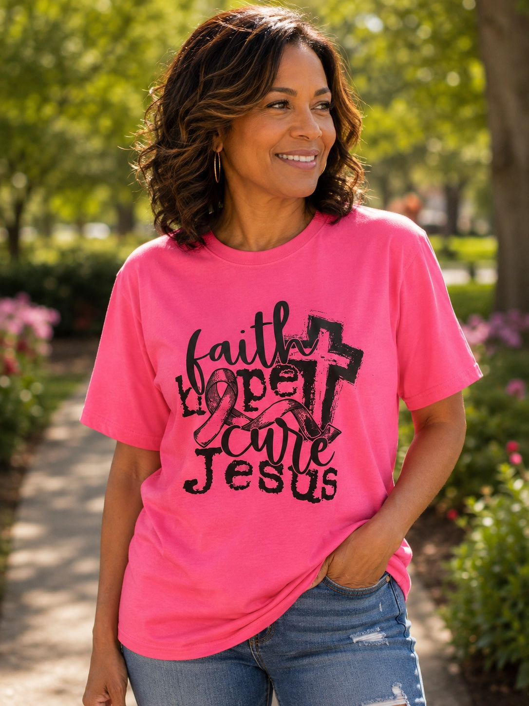 Faith Hope Cure Jesus Breast Cancer Awareness T-Shirt | Hot Pink Faith Tee