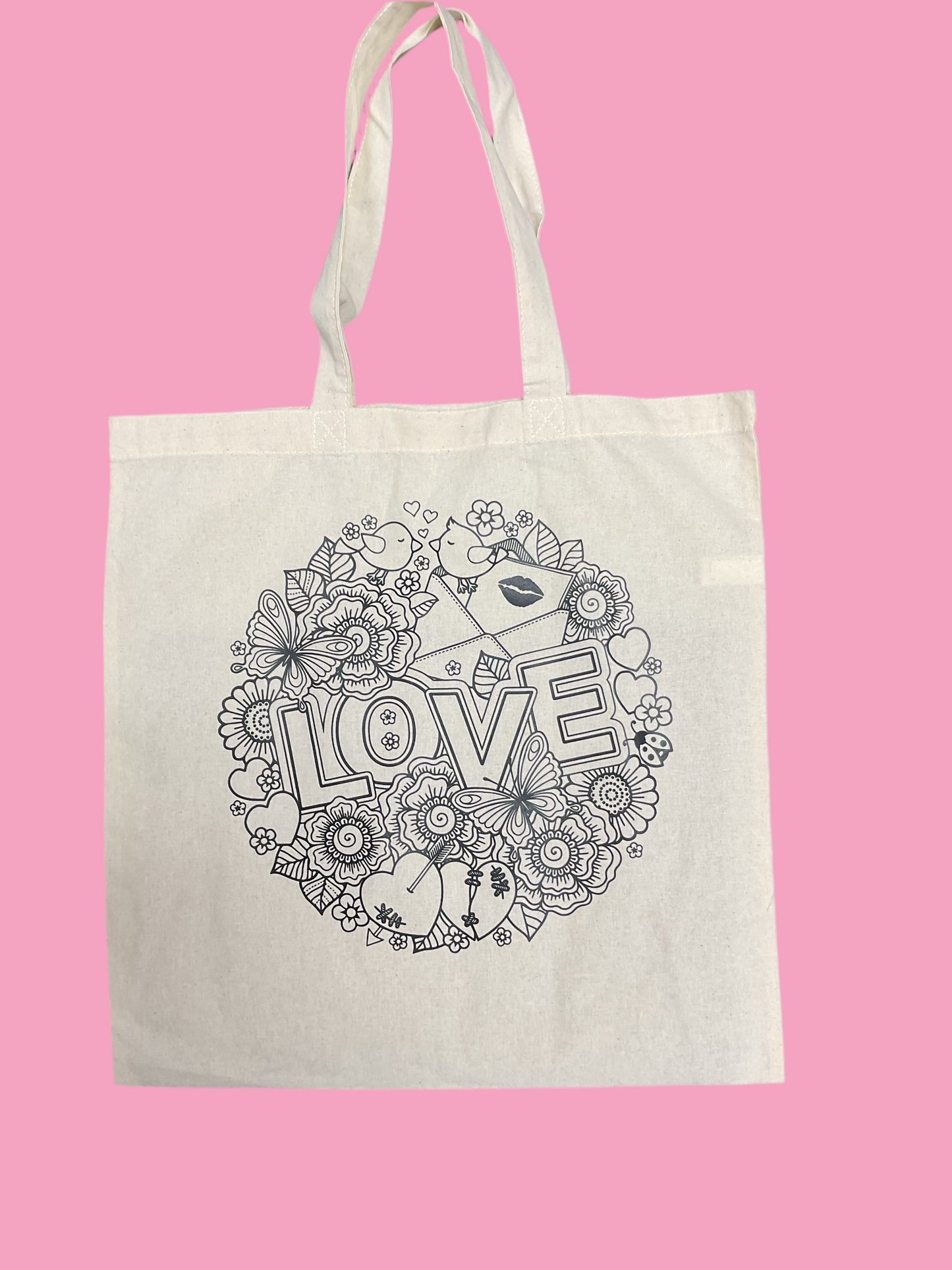 Reusable coloring tote bag featuring a “Love” theme