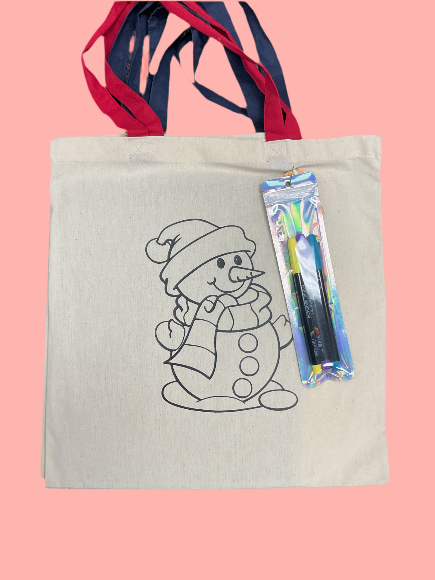 Holiday Snowman reusable coloring tote bag, 3 fabric markers included