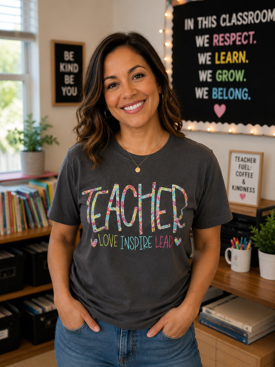 Teacher Love Inspire Lead T-Shirt | Colorful Floral Teacher Tee