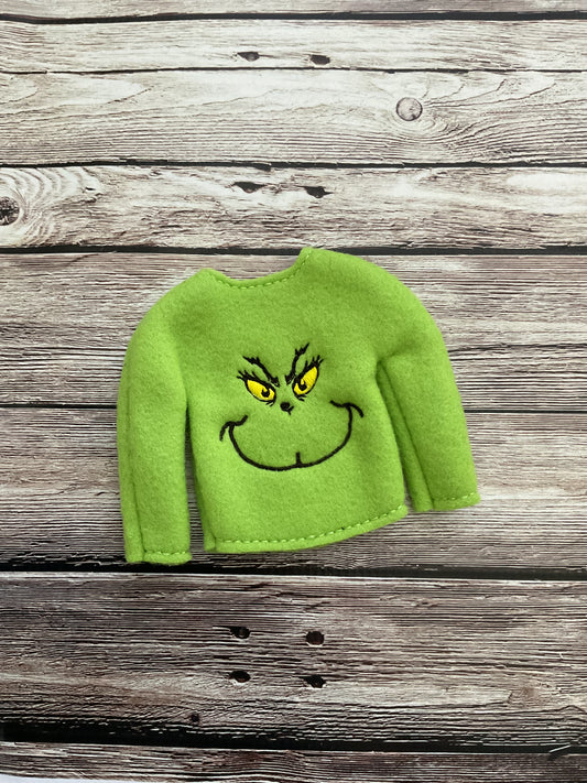 (101) Holiday Elf/Doll Sweater Mr Mean Green Grinch Face