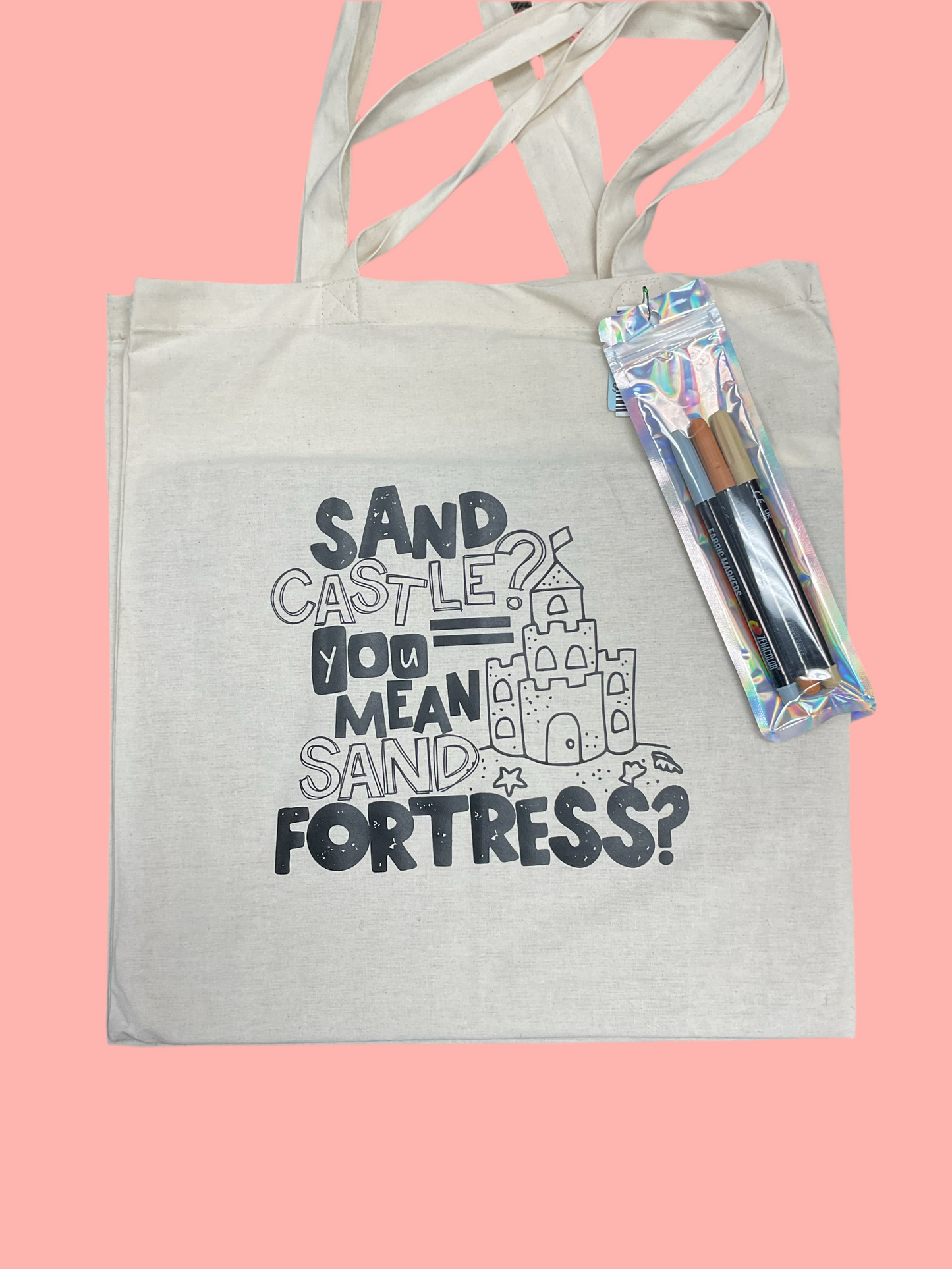 Sand Fortress reusable coloring tote bag, 3 fabric markers included