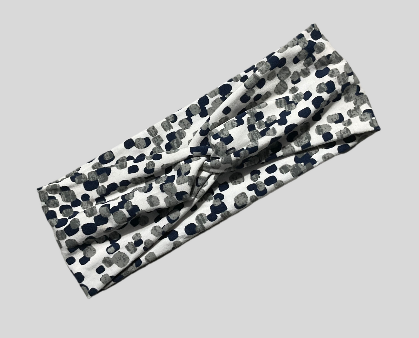 Wide twisted gray and navy square dots headband for sports, yoga, workouts, facials fashionable and comfortable