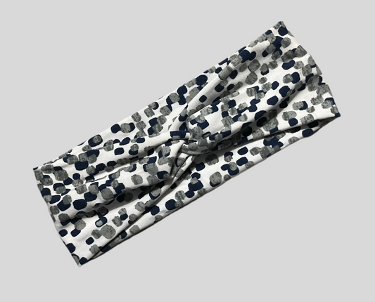 Wide twisted gray and navy square dots headband for sports, yoga, workouts, facials fashionable and comfortable