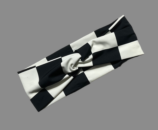 Wide twisted  bold black and white check headband for sports, yoga, workouts, facials fashionable and comfortable