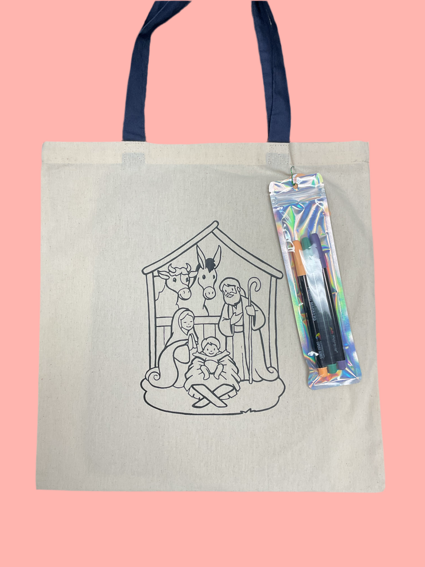 Christmas Manger reusable coloring tote bag, 3 fabric markers included