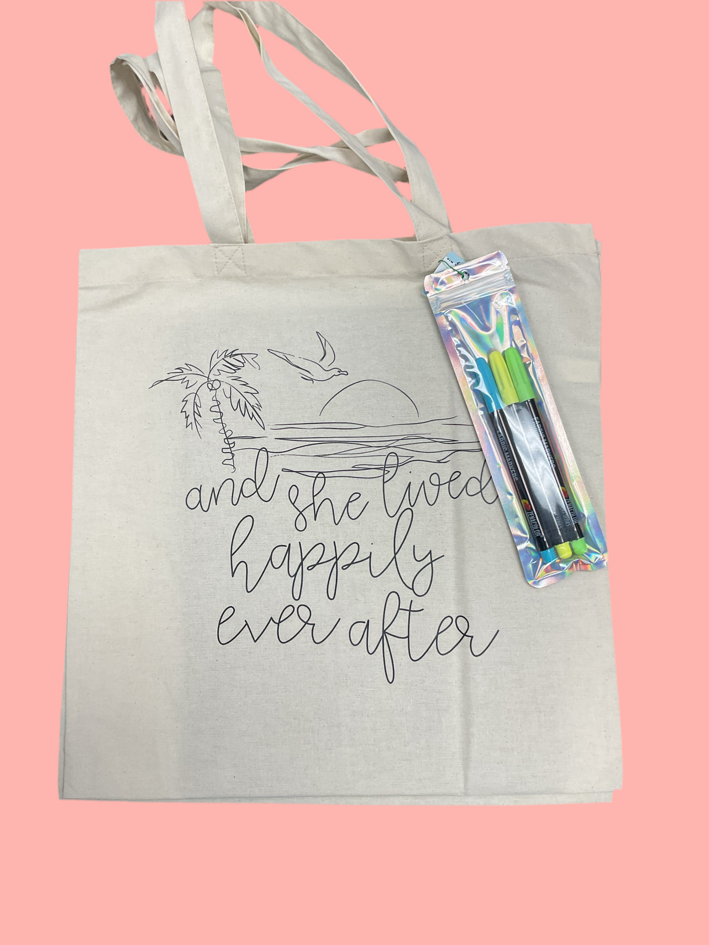 Reusable coloring tote bag featuring a beach sunset, 3 markers included