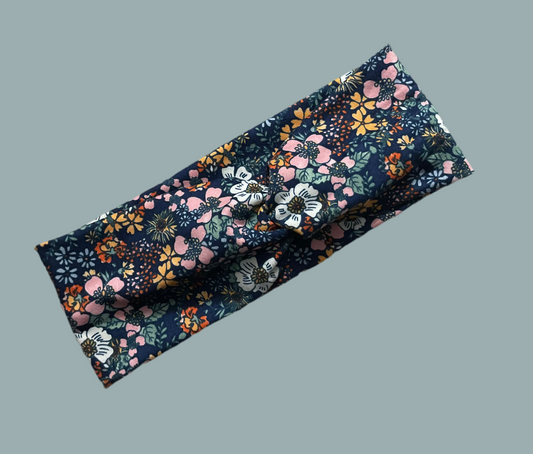 Wide boho twisted Navy Blue Multi Color Floral Headband for sports, yoga, workouts, facials, fashionable and comfortable