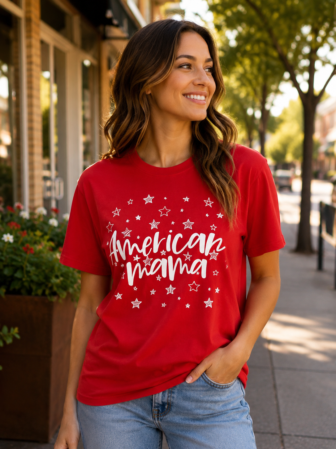 American Mama Patriotic Graphic T-Shirt | Red USA Mom Tee