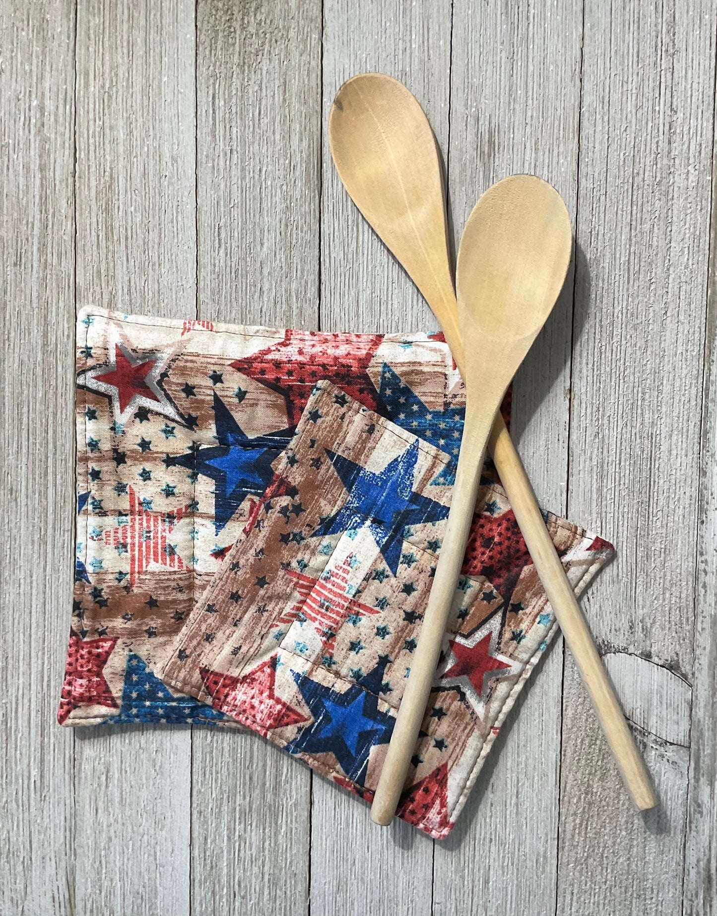 Farm House Red and Blue Stars Potholder Hot Pad 6.5” x 6.5”