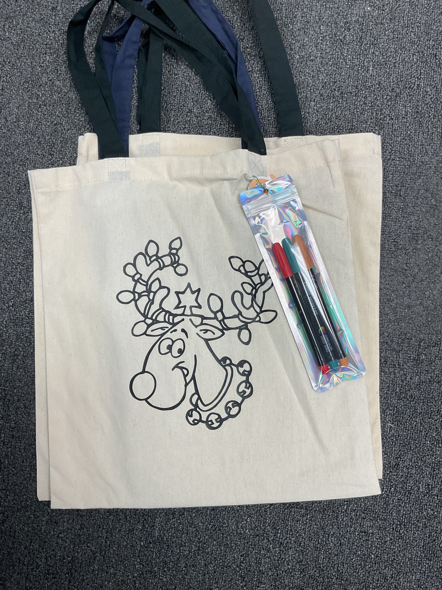 Reindeer Coloring Tote Bag comes with three fabric markers