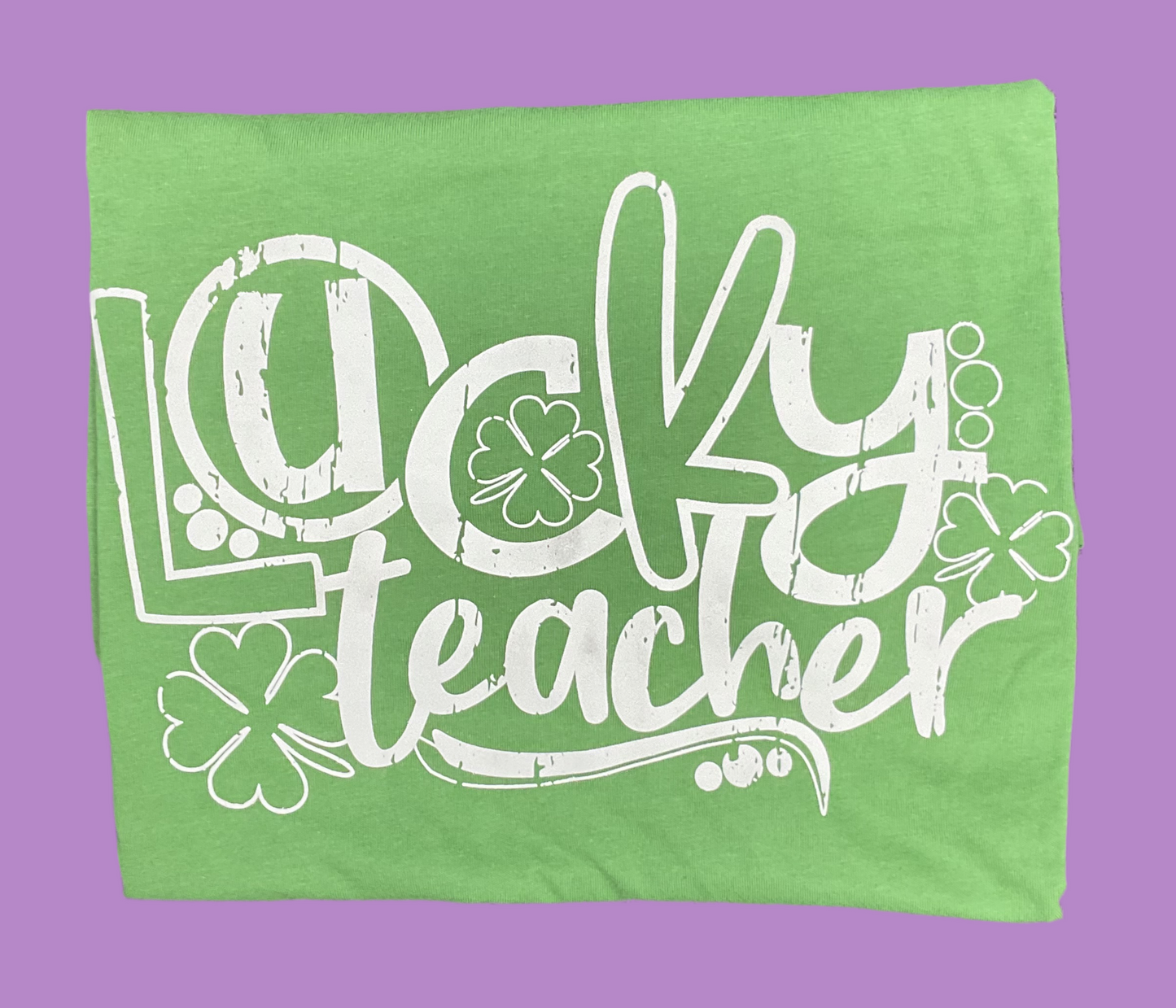 Lucky Teacher with four Leaf Clovers Vintage Look Graphic T Shirt - Leaf Green