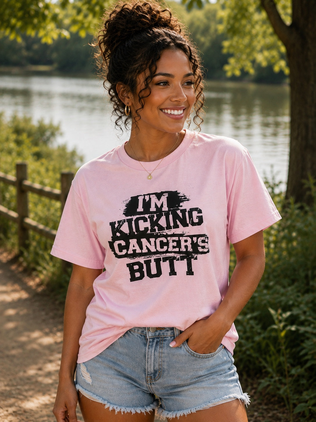 I'm Kicking Cancer's Butt T-Shirt | Breast Cancer Fighter Pink Graphic Tee