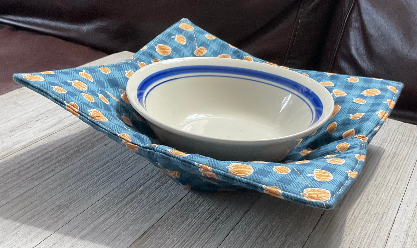 Microwave Bowl Pot Holder- Blue check with small pumpkins
