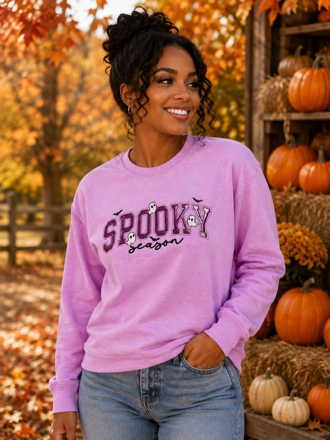 Spooky Season Ghost Sweatshirt and Tee | Purple Halloween Crewneck