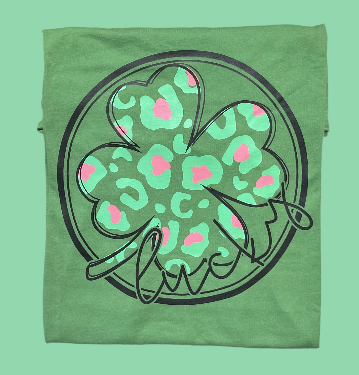 Four Leaf Clover Leopard look Lucky Graphic T shirt - Green