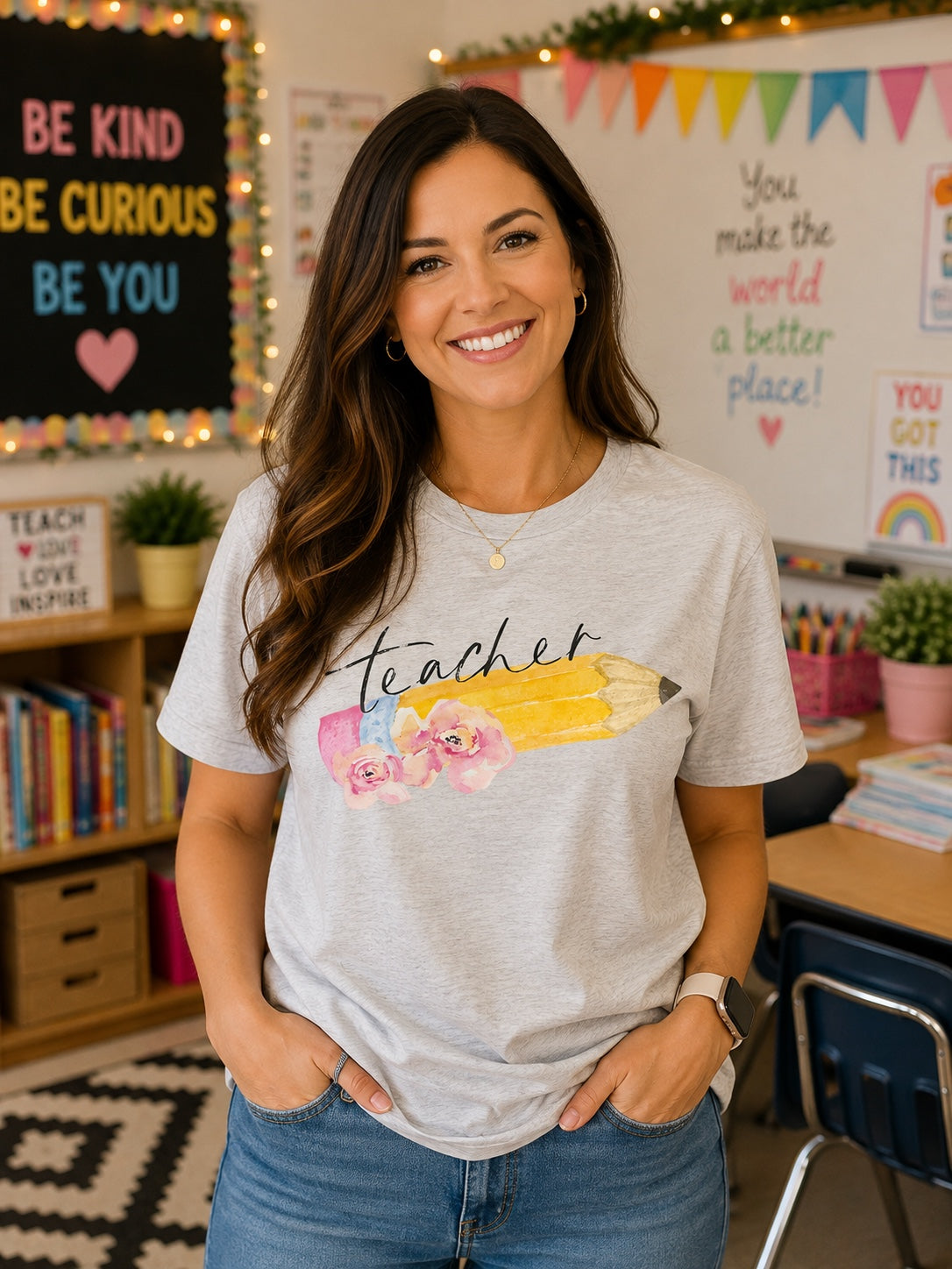 Teacher Pencil & Flowers T-Shirt | Light Blue Floral Teacher Tee