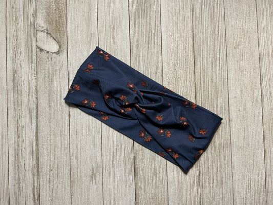 Wide Twisted navy and flowers headband for sports, yoga, workouts, facials, fashionable and comfortable