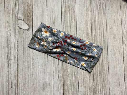Wide Twisted gray with fall flowers headband for sports, yoga, workouts, facials, fashionable and comfortable