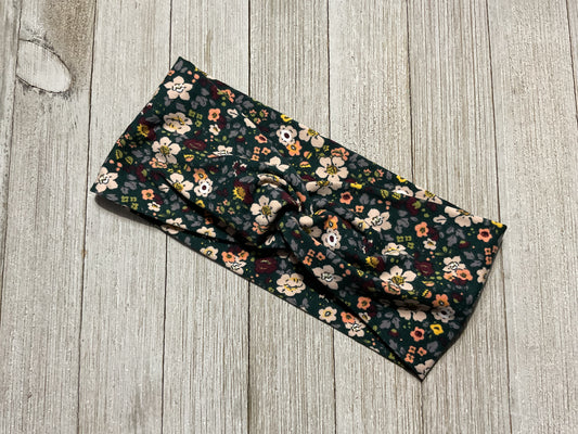 Wide Twisted fall green and floral headband for sports, yoga, workouts, facials, fashionable and comfortable