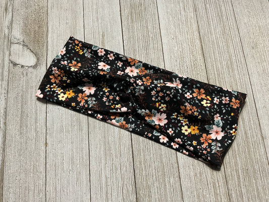 Wide Twisted black with fall floral headband for sports, yoga, workouts, facials, fashionable and comfortable