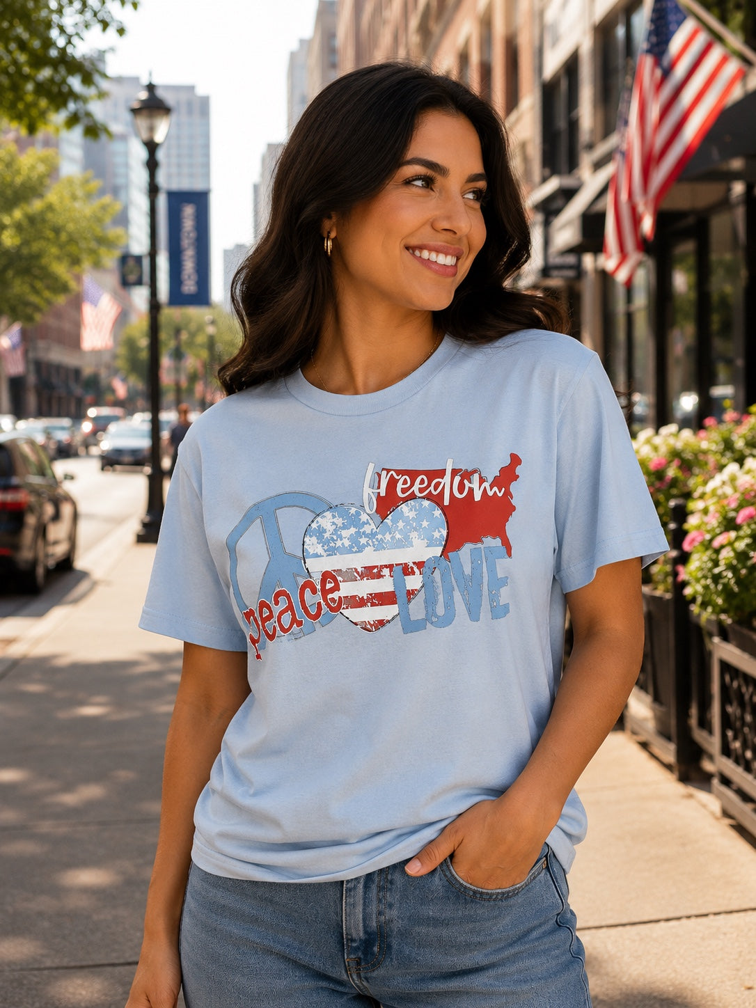 Peace Freedom Love Patriotic T-Shirt | American Flag Heart Graphic Tee