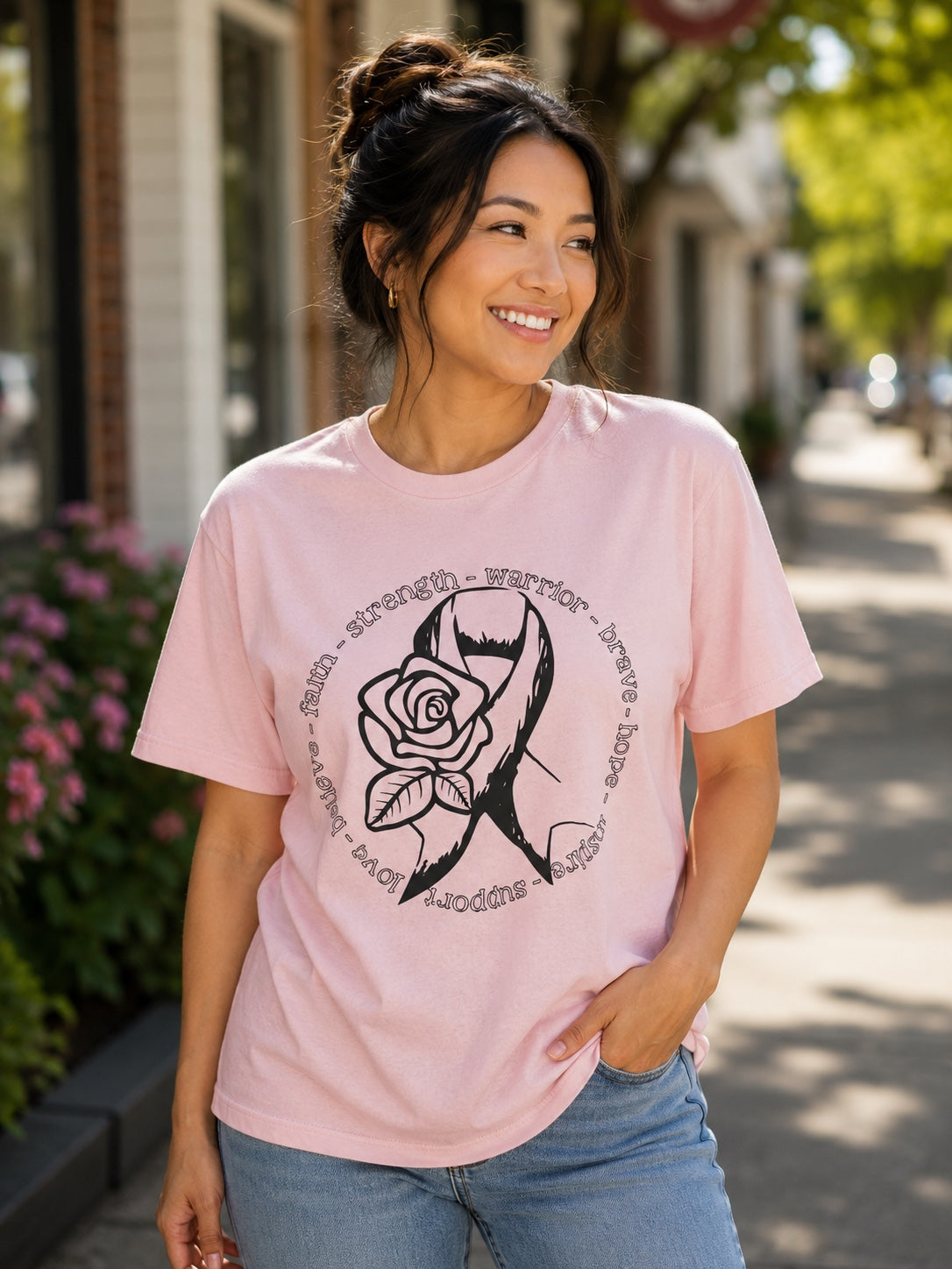 Faith Strength Warrior Brave Hope Breast Cancer Awareness T-Shirt | Pink Ribbon Tee