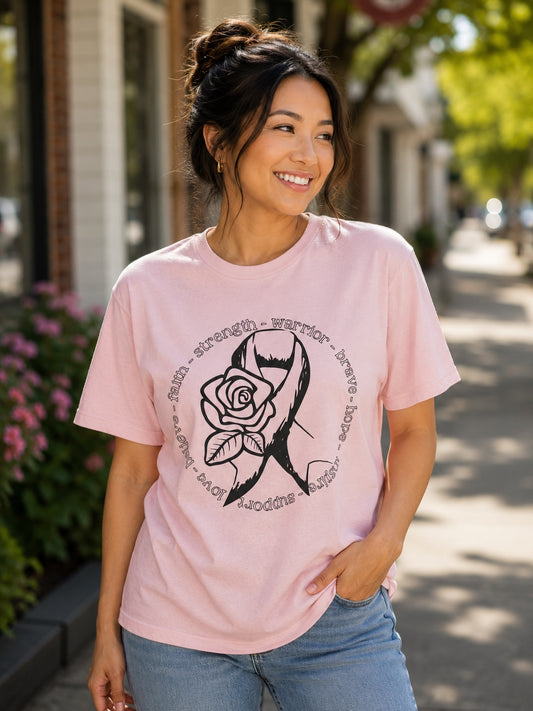 Faith Strength Warrior Brave Hope Breast Cancer Awareness T-Shirt | Pink Ribbon Tee