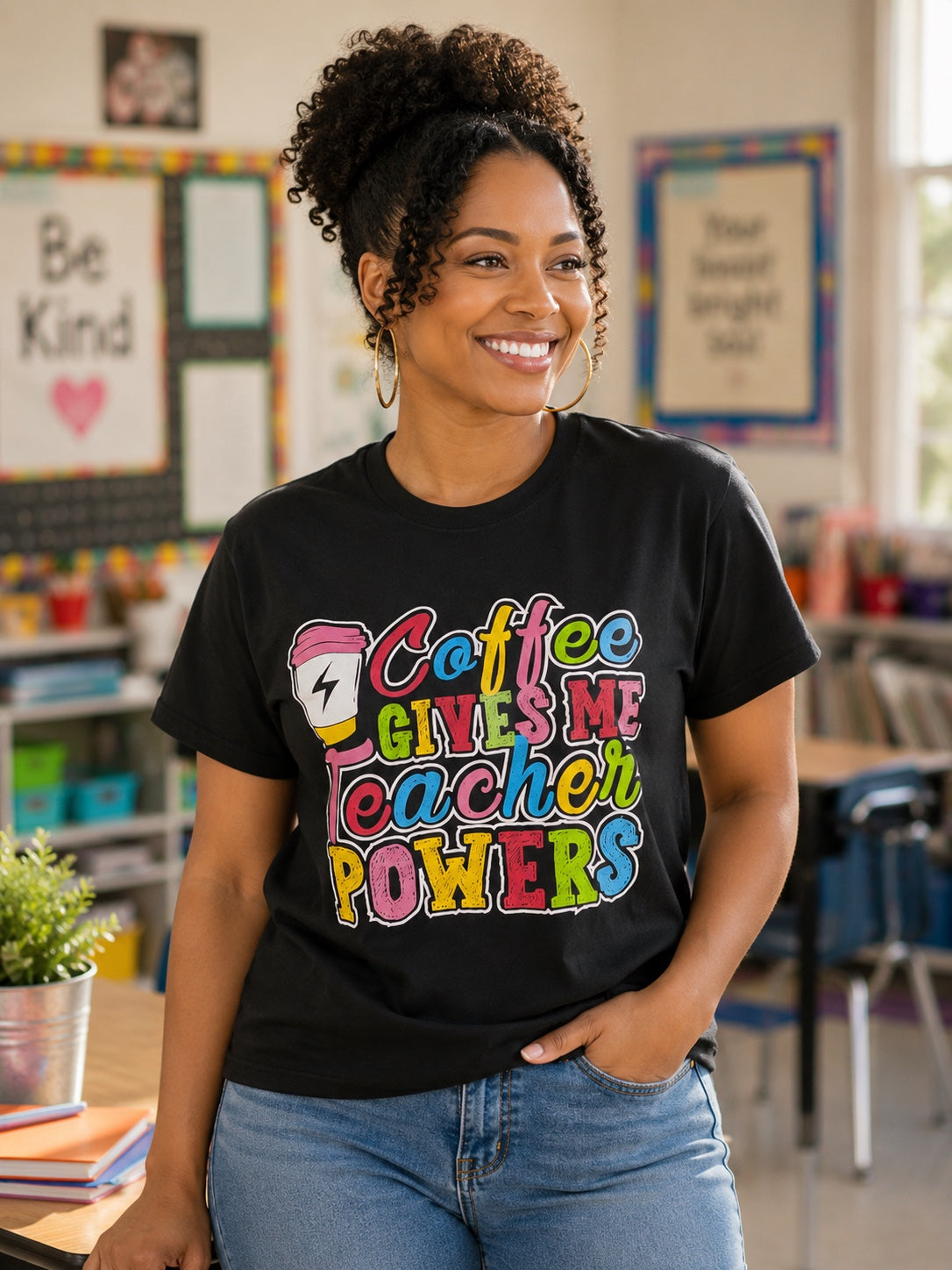 Coffee Gives Me Teacher Powers T-Shirt | Colorful Teacher Coffee Tee