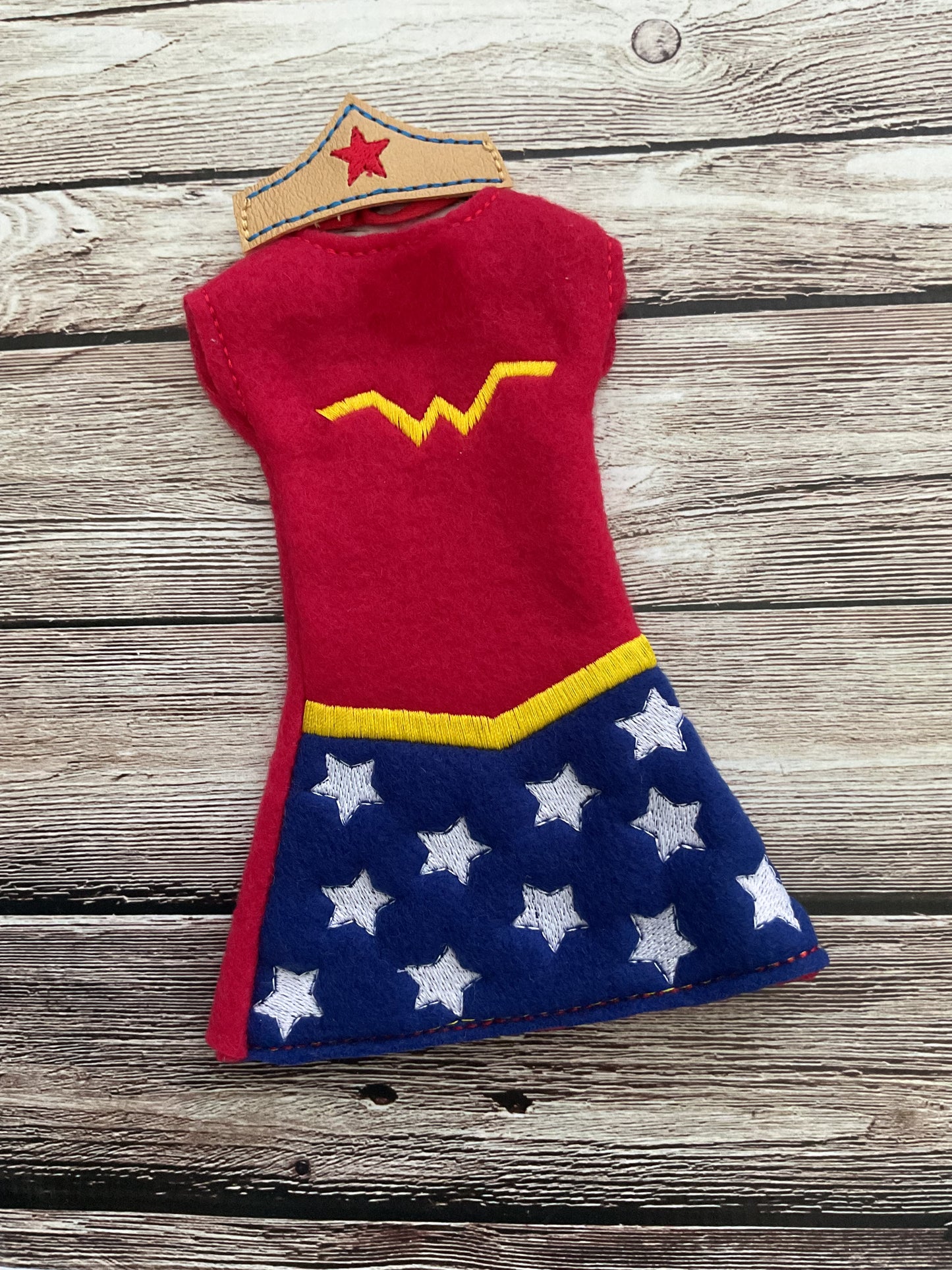 (114) Holiday Elf/Doll Sweater featuring All American Wonder Woman with gold headband