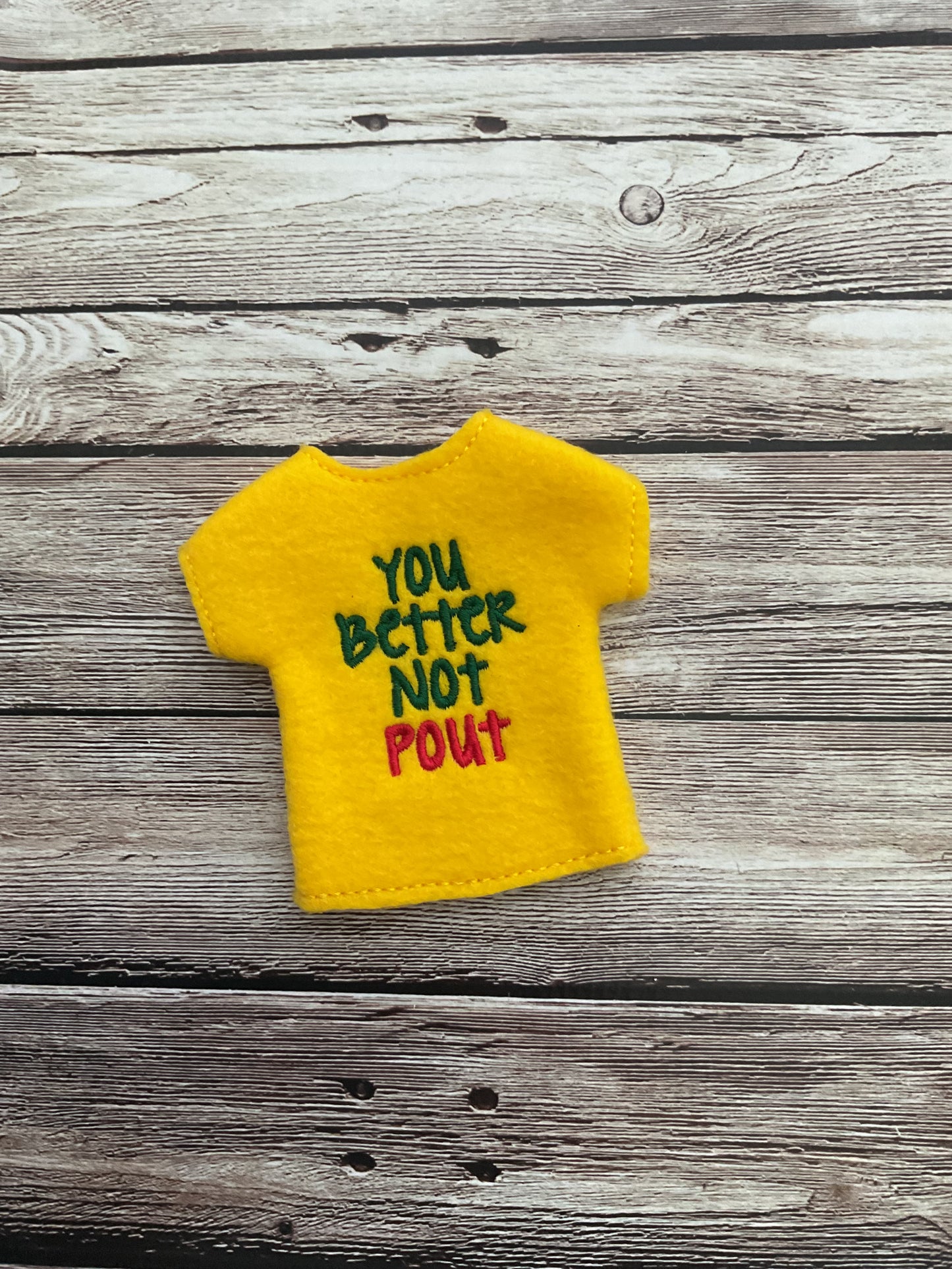 (120) Holiday Elf/Doll Sweater featuring a saying “You Better Not Pout”