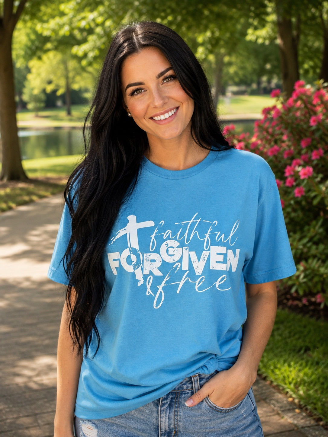 Faithful Forgiven & Free Christian T-Shirt | Blue Faith Graphic Tee