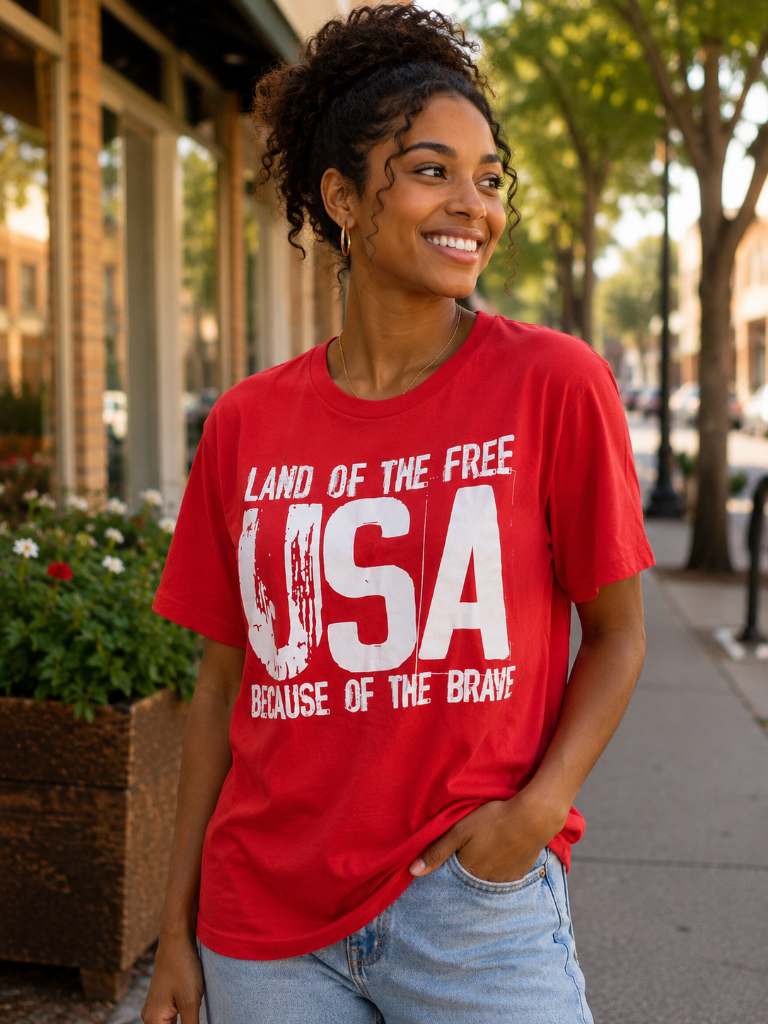 Land of the Free Because of the Brave USA T-Shirt | Patriotic Red Graphic Tee