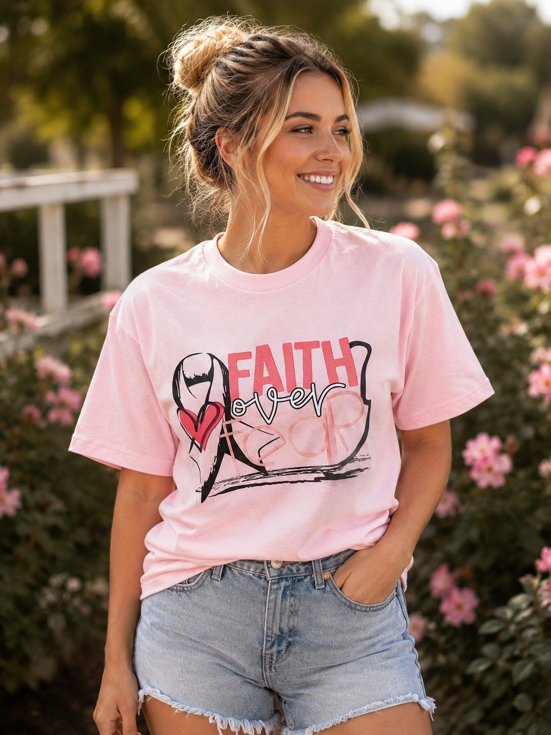 Faith Over Fear Breast Cancer Awareness T-Shirt | Pink Ribbon Faith Tee
