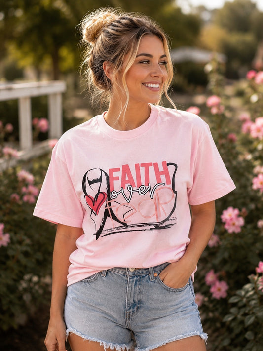 Faith Over Fear Breast Cancer Awareness T-Shirt | Pink Ribbon Faith Tee