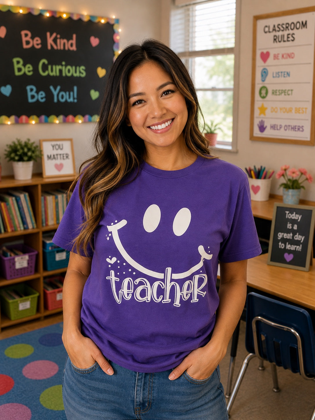 Smiley Face Teacher T-Shirt | Purple Happy Teacher Graphic Tee