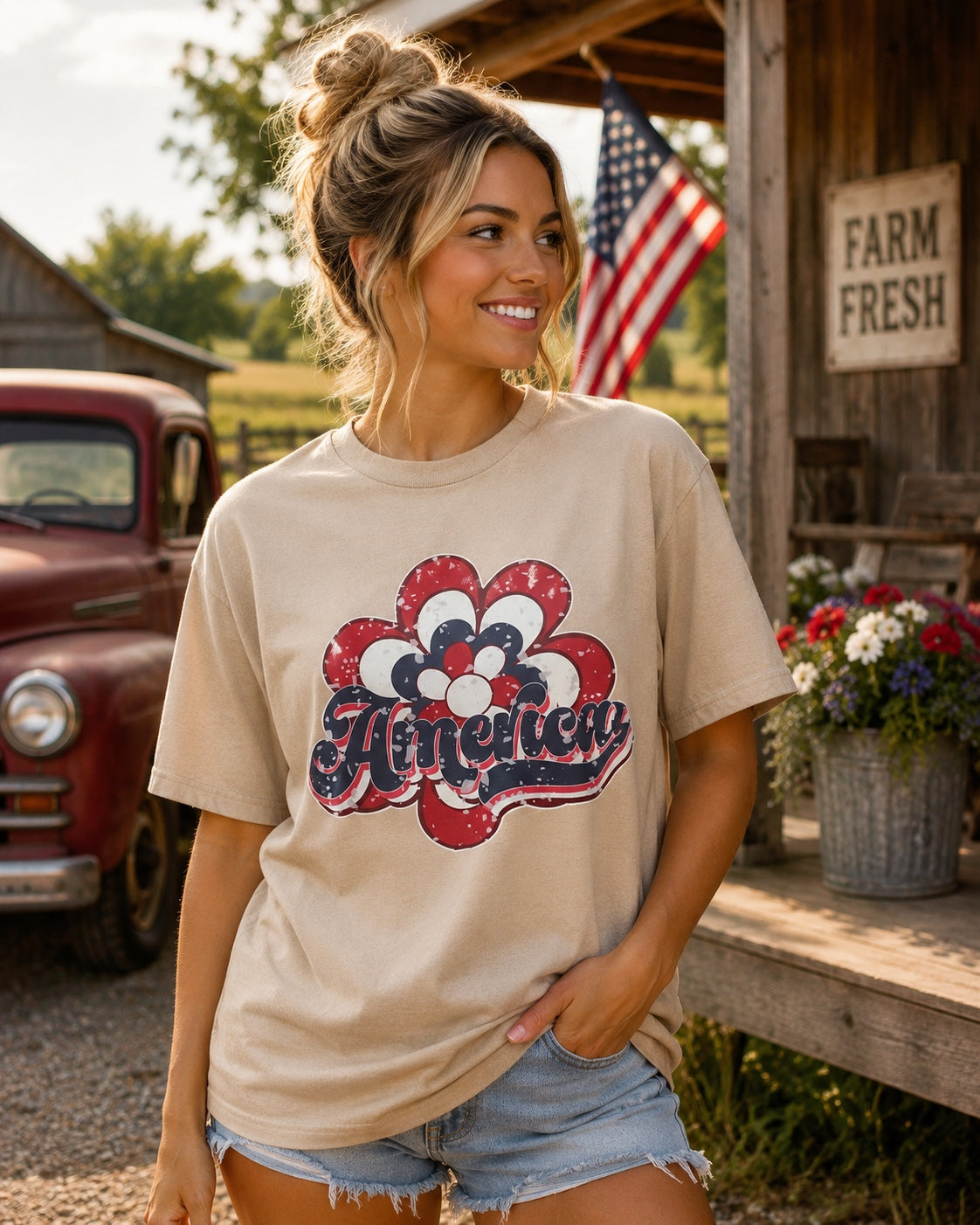 Americana Flower Patriotic T-Shirt | Vintage Red White & Blue Floral Tee