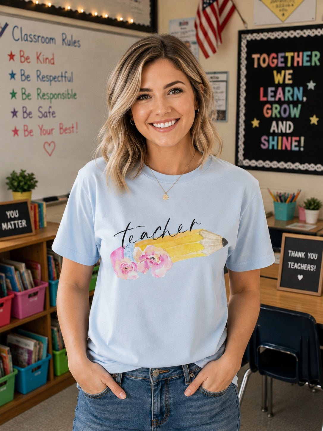 Teacher Pencil & Flowers T-Shirt | Light Blue Floral Teacher Tee
