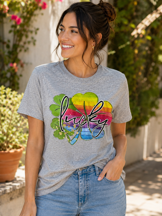 Woman wearing a heather gray graphic T-shirt featuring a colorful rainbow shamrock with the word "Lucky" in black script while smiling outdoors.