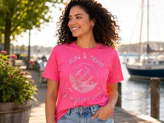 Woman wearing a bright pink T-shirt featuring a vintage sailing ship graphic with the phrase "I Run a Tight Shipwreck" while standing on a marina dock near boats.