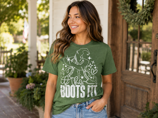 Woman wearing a heather olive green T-shirt featuring a white witch hat, witch boots, stars, and the phrase "The Boots Fit" while smiling on a front porch.
