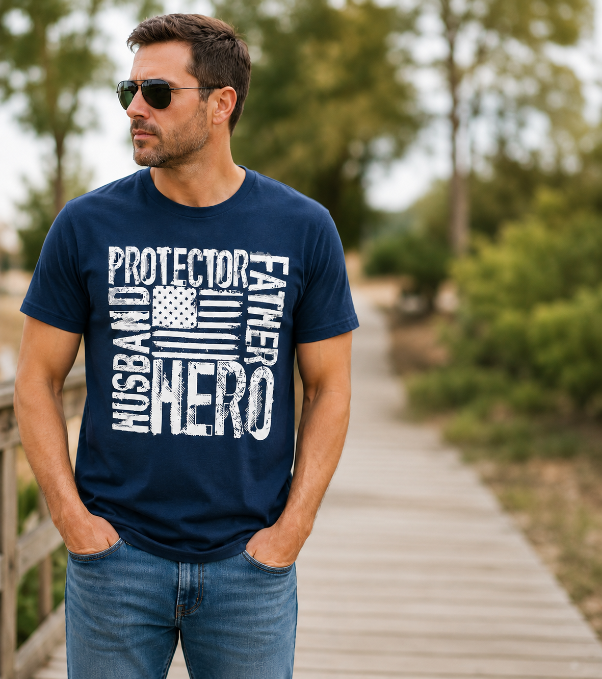 Man wearing a navy blue Protector Father Husband Hero patriotic graphic T-shirt featuring a distressed American flag design in an outdoor lifestyle setting.
