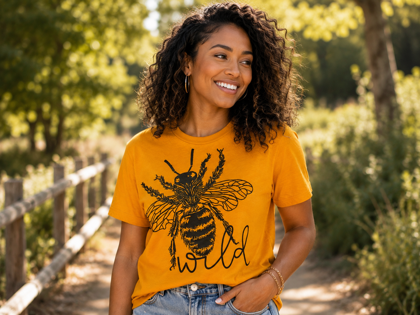 Woman wearing a mustard yellow T-shirt featuring a vintage black honey bee graphic with the word "Wild" while standing on a scenic tree-lined path.
