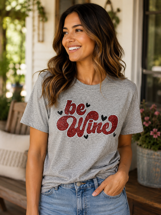 Woman wearing a heather gray T-shirt featuring a red glitter-look "Be Mine" graphic with black heart accents while smiling on a front porch.