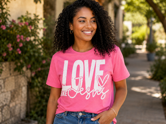 Woman wearing a bright pink T-shirt featuring a distressed white "Love Like Jesus" graphic while smiling on a sunny outdoor walkway.