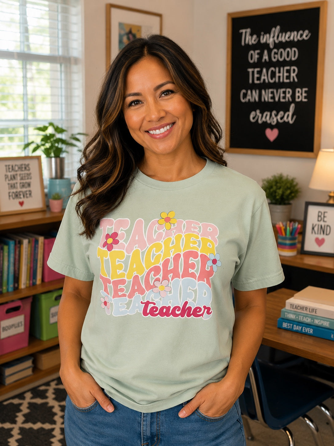 Retro Floral Teacher T-Shirt | Pastel Groovy Teacher Tee