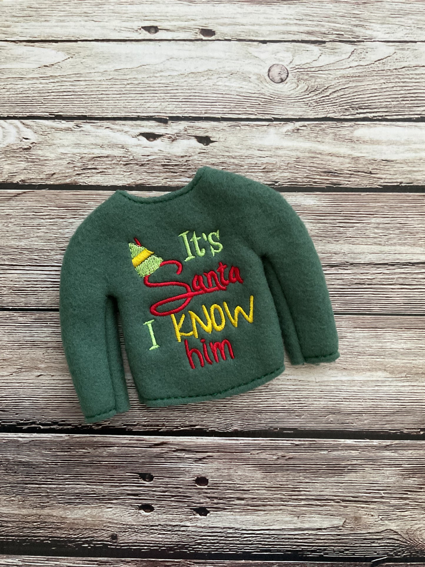 (251) Holiday Elf/Doll Sweater It’s Santa I know Him