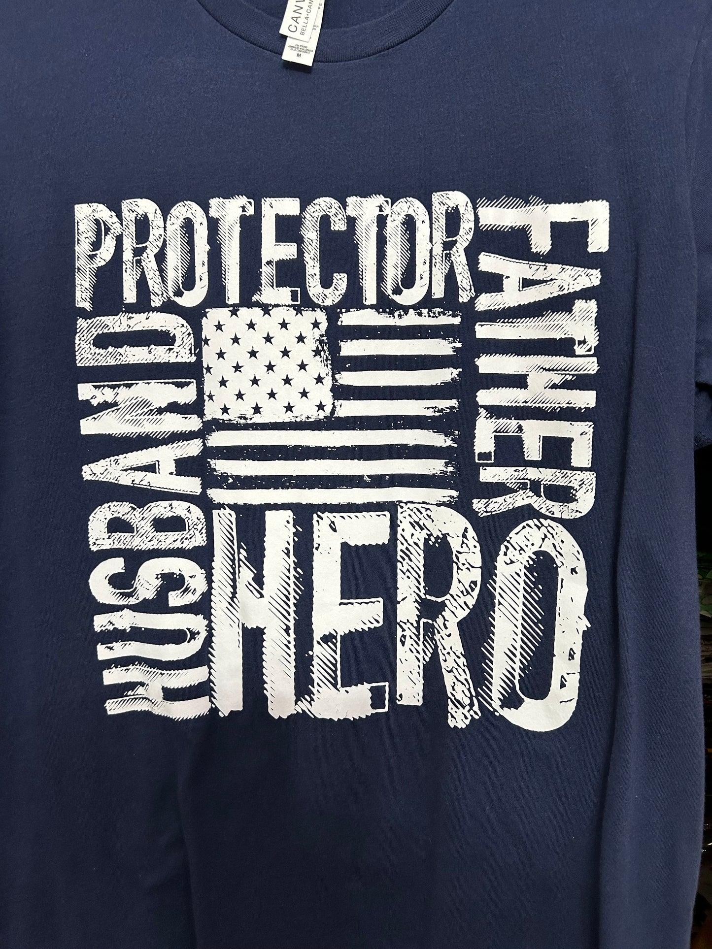 Men’s T Shirt, Navy Blue, Husband, Protector, Father, HERO around the flag