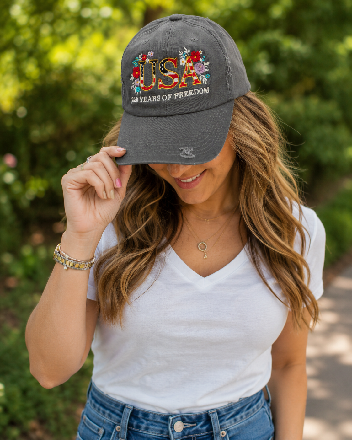 USA Floral Embroidered Distressed Baseball Cap | 250 Years of Freedom Patriotic Hat