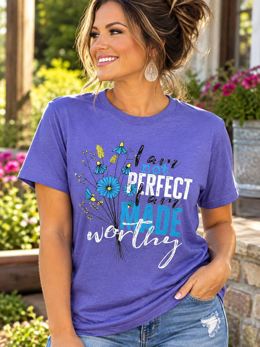 I Am Not Perfect, I Am Made Worthy Floral Graphic T-Shirt